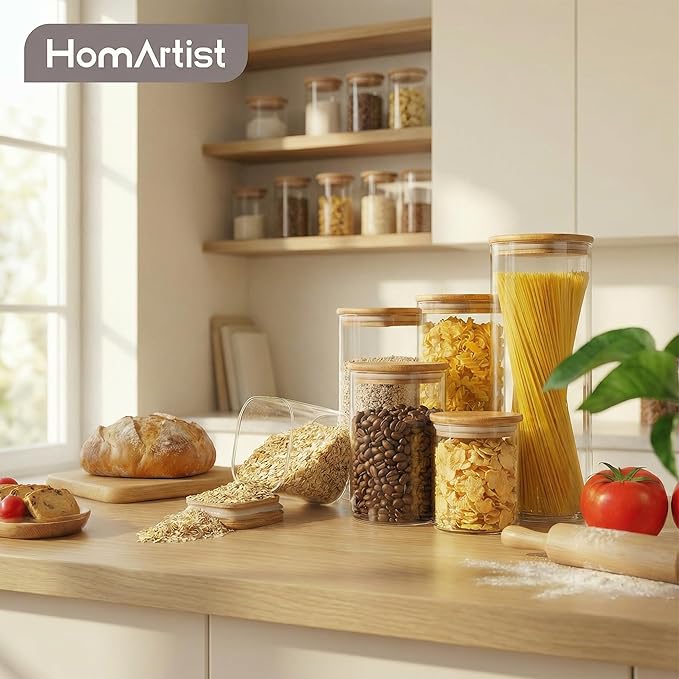 Round Glass Storage Containers with Bamboo Lids for Pasta & Flour, 5 Pack | Airtight Pantry Jar for Flour, Sugar & Rice, Durable Borosilicate Glass Canisters Keep Food Dry & Fresh, Easy to Fill & Clean