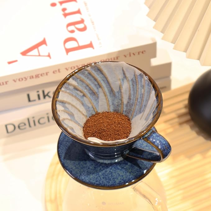 Ceramic Coffee Dripper includes 50 Filters 01 Pour Over Coffee Maker Porcelain V Hand Brewed Set Pottery Artisanal Drip Brew Barista Gift 1 Cup for Single People Travel Camping Office Home
