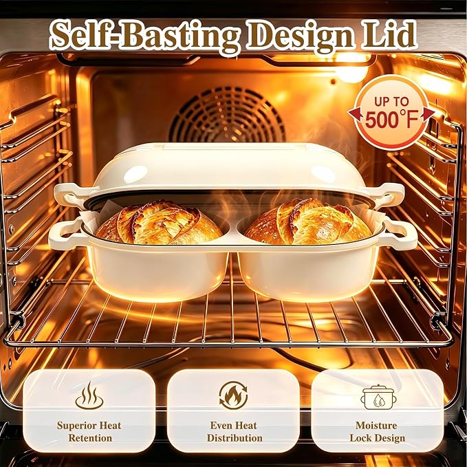 Dutch Oven for Sourdough Bread Baking - Enameled Cast Iron Dutch Oven Pot with Lid and 5" Banneton Bread Proofing Basket & Cotton Potholders, Dual Round Bread Loaf Pan for Homemade Bread, Meatloaf, Cake– (Cream White)