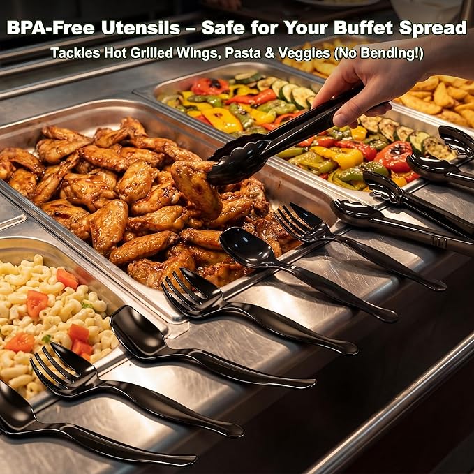 72Pcs Disposable Plastic Serving Utensils Set, 24 Black Spoons, 24 Forks, 24 Tongs, 9-Inch for Party Buffet Catering Events, Heavy Duty and Ergonomic Design (72, Black)