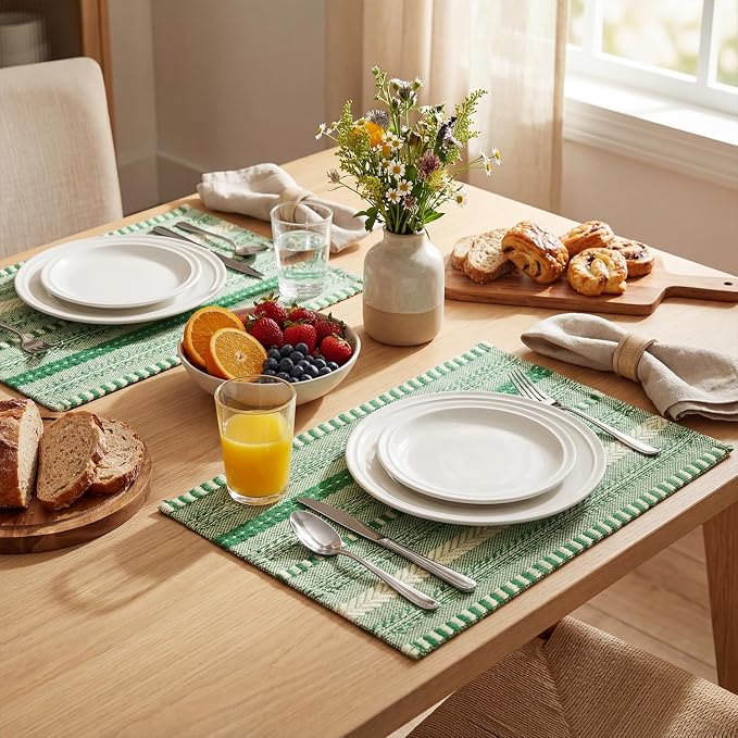 Artoid Mode Emerald Farmhouse Woven Braided Stripe Placemats Set of 4,12x18 Inch Seasonal Holiday Table Mats Party Kitchen Dining Decoration