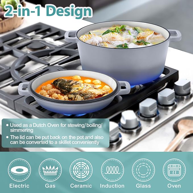 TeamFar 5qt Dutch Oven, Pre-seasoned Cast Iron for Bread Baking, Gray | 2-in-1 Bread Pan with Skillet Lid, Oven & Stovetop Safe for Baking Frying Stewing Grilling, Home Use Or Outdoor Camping