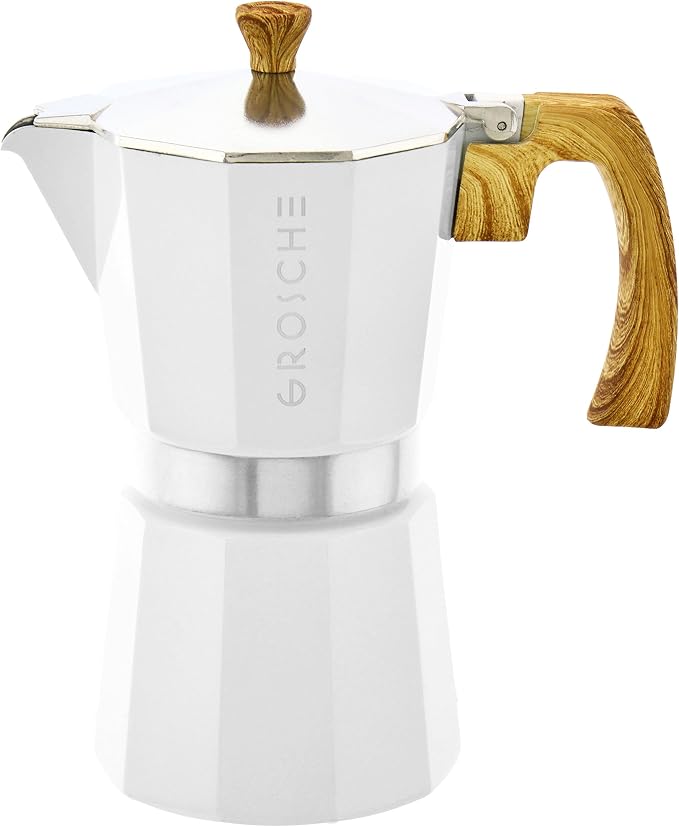 GROSCHE Milano Stovetop Espresso Maker Moka Pot 9 espresso Cup 15.2oz White | Cuban Coffee Maker And Italian Moka Pot For Stovetop Espresso; For Gas, Electric, And Propane Stoves With A Soft-Touch Handle