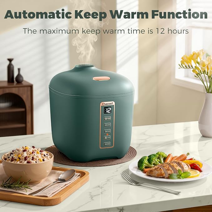 CHACEEF Rice Cooker 2 Cups Uncooked, 1.2L Portable Rice Cooker Small, Green | Smart Control, Non-Stick Pot, 24H Timer & Keep Warm, Multifunction for Soup, Oatmeal & Grain, Ideal for Dorm, Office & Travel