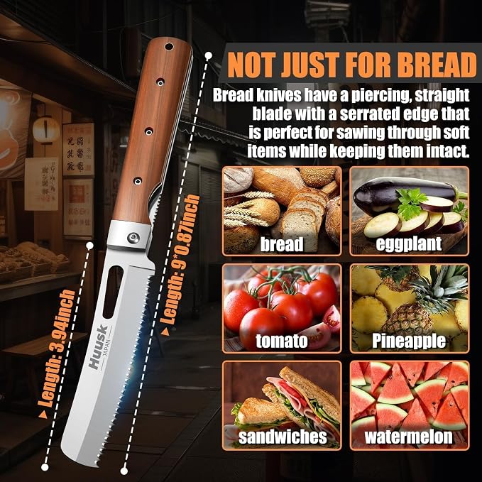 Huusk Folding Bread Knife for Homemade Bread - Portable Bread Knives | 440C Stainless Steel, Wooden Handle, Gift Box, Wide Wavy Edge for Steak, Tomato