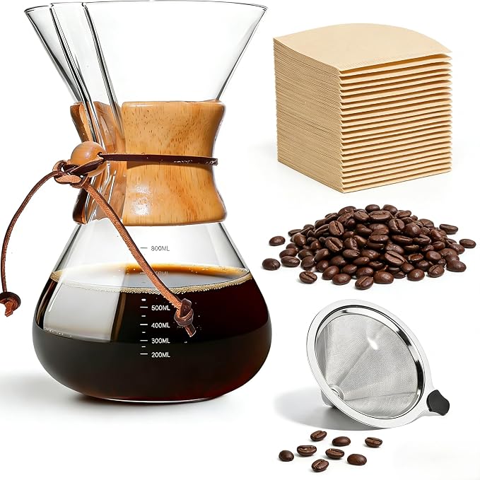 Pour Over Coffee Maker, 8 Cup Borosilicate Glass Pour Over Coffee Dripper with Reusable Stainless Steel Filter, Classic Drip Coffee Maker for Home Café, French Press Alternative