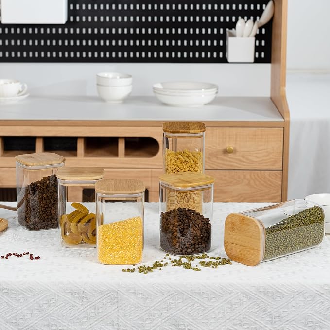 D2scrma 50oz Airtight Glass Square Storage Canister with Bamboo Lid Set of 3 (1500ml) Container Stackable Spice Jar, Kitchen Canister for Flour, Cookies, Cereal and Coffee beans (‎with Black Lable)