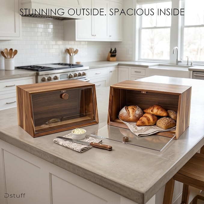 Dstuff Large Acacia Wood Bread Box for Kitchen Countertop - Minimalist Wooden Breadbox with Frameless Acrylic Window & Hidden Hinges - Farmhouse Storage Cabinet Organizer, Bread Box, Wood Box