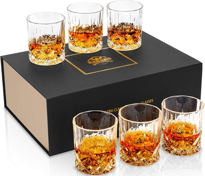 KANARS Whiskey Glasses Set of 6 with Elegant Gift Box for Liquor Scotch Rum | 10 Oz Premium Old Fashioned Crystal Glass Tumbler Bourbon Gifts for Birthday Thanksgiving Christmas Housewarming