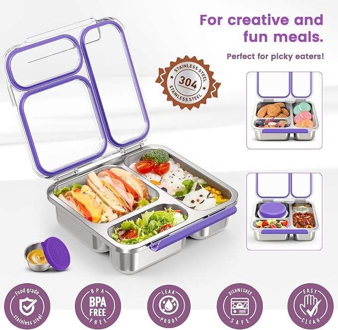 Stainless Steel Bento Box Kids Adult with 7oz Soup Thermo, Transparent Lid 3 Compartments Metal Bento Lunch Box with Insulated Food Jar,Lunch Box Container Sauce Cup for School,BPA-Free(Purple)