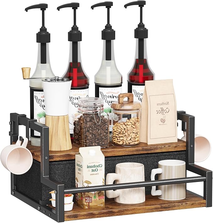 Homeiju Coffee Syrup Organizer Rack with Coffee Pod Drawers and Cup Hook, 2-Tier Coffee Bar Accessories, Wine Bottle Holder Stand, Wine Rack, Storage Shelves for Syrup. (Rustic Brown)