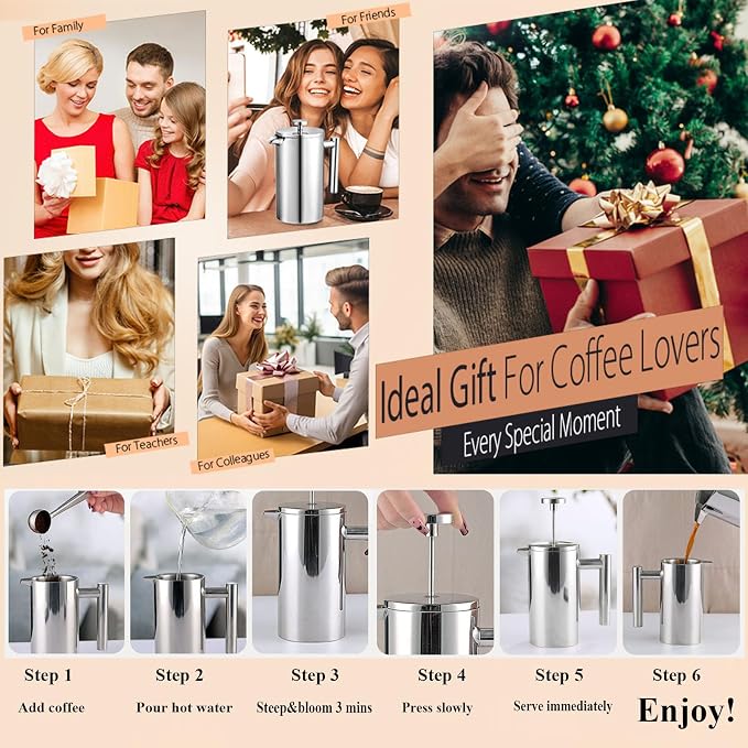 Stainless Steel French Press Coffee Maker - Portable Cafetiere 3 Cup Espresso Coffee Press - Double Wall Insulated, Triple Mesh Filter - Perfect for Home, Office, Camping & Travel (20 Oz)