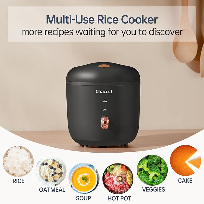CHACEEF Rice Cooker 2 Cups Uncooked, 1.2L Portable Rice Cooker Small, Black | Non-Stick Pot, Auto Keep Warm, for White & Brown Rice & Oatmeal, Portable for Travel, Dorm & Office, Compact & Easy to Store