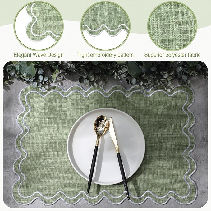 HunnmingRe Sage Green with White Set of 6 Cotton Linen Wedding Placemats, 13x19 Inch Scalloped Wavy Embroidery Placemat Double Layered Washable Rustic Rectangle Dinner Table Mat for Home Decor
