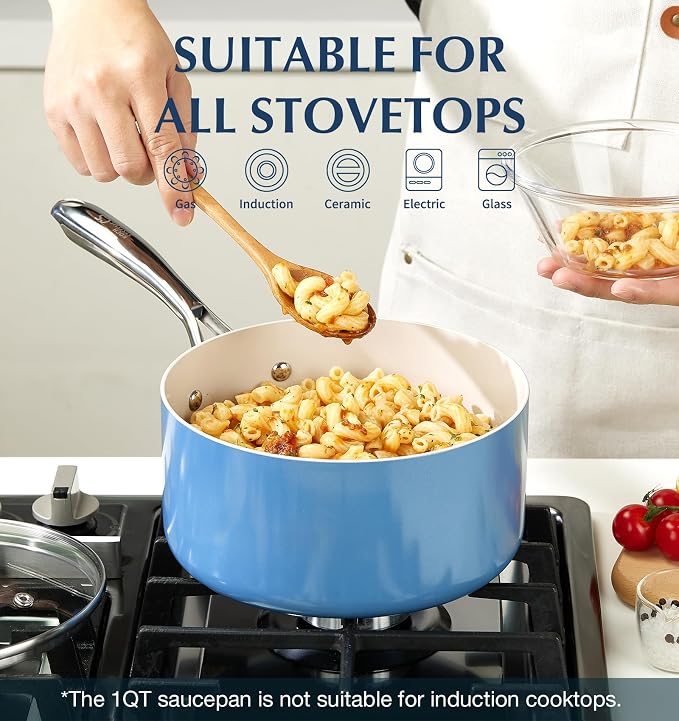 KOCH SYSTEME CS Nonstick Sauce Pan with Lid 1QT, 2QT & 3QT, Non-Toxic Ceramic Saucepan Set, Blue Sauce Pan Set, Multipurpose Cooking Pots Set, Compatible induction