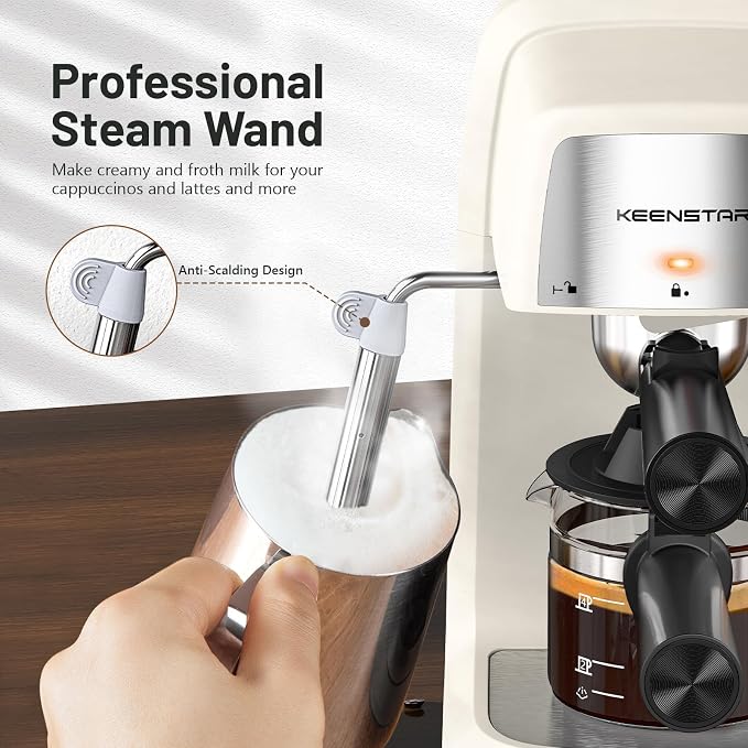KEENSTAR Espresso Machine 3.5Bar, Compact Expresso Coffee Machines 4-Cup | Milk Frother, 800W Fast Heating, Brew Latte & Cappuccino, Espresso Maker for home, for Coffee Lover, White
