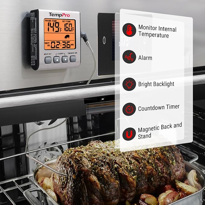 TempPro TempTrack Digital Meat Thermometer for Cooking and Grilling | BBQ Food Thermometer with Backlight and Kitchen Timer, Grill Temperature Probe Thermometer for Smoker, Oven, Baking, Oil