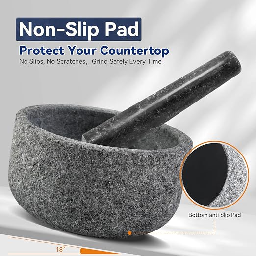 Granite Mortar and Pestle Set, 6.3"-2 Cups Unpolishesd Stone Grinder Bowl for Guacamole, Salsa, Pill Crusher, Spice, Herb, Garlic, Nut, Heavy Duty Grinder for Kitchen(Angola Silver Black)