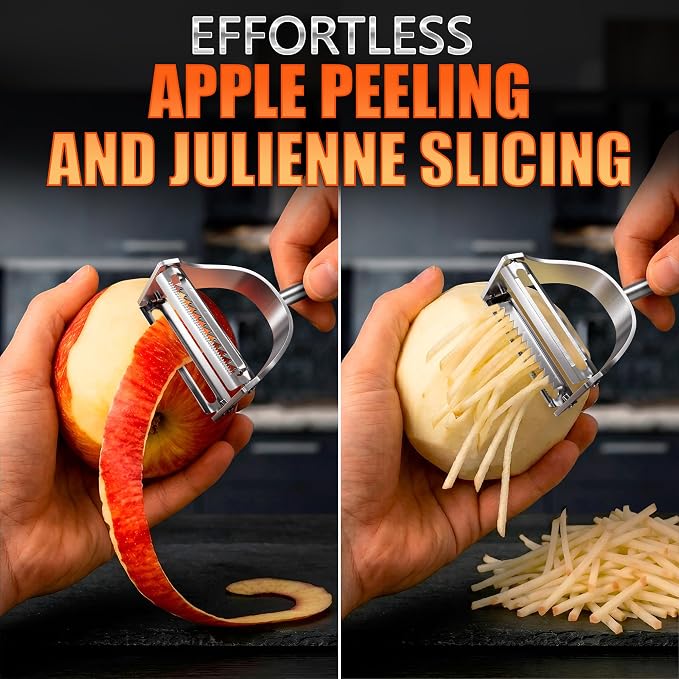Stainless Steel Vegetable Peeler, 2-in-1 Peeler and Julienne Shredder Tool with Dual-Sided 420J2 Sharp Blade That Replaces Two Tools for Carrots, Cabbage, Potatoes, Cucumber, 5.6-Inch Ergonomic Handle