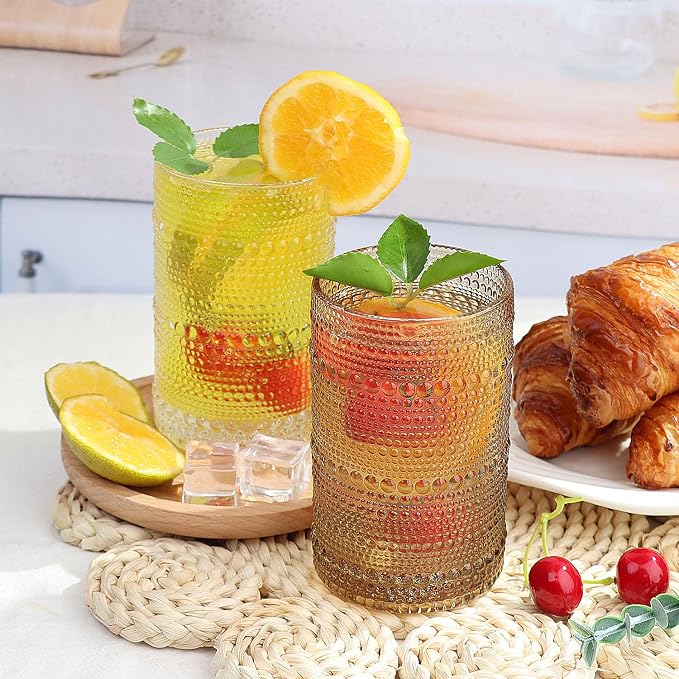 Hobnail-Drinking Glasses 13oz Vintage Glassware Sets Cocktail Juice Glasses Set of 6, Light Brown