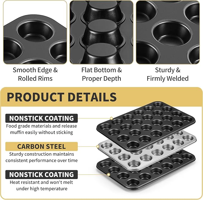 TeamFar Mini Muffin Pan, 24-Cup Non-Stick Cupcake Tray Tin for Baking | Carbon Steel Small Cup Cake Bakeware for Bite-Sized Cheesecake Tart Quiches, Even Baking & Effortless Release & Easy Clean