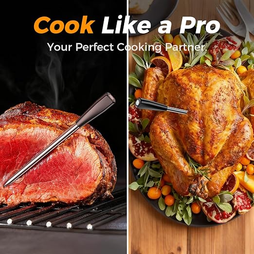 Smart Wireless Meat Thermometer, Digital Cooking Thermometer with Dual High-Accuracy Sensors, Ceramic Heat-Resistant Probe, Instant Read LCD & App Control for Kitchen,BBQ, Oven,Grill,Air Fryer, Black