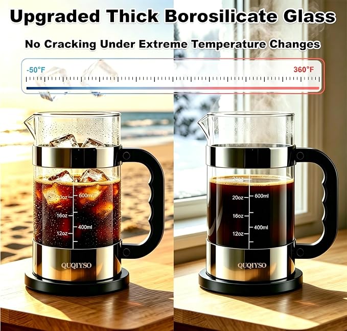 QUQIYSO French Press Coffee Maker 34oz, Thickened Glass Coffee French Press | Stainless Steel Coffee Press, 4 Filter Easy to Clean, Cold Brew Coffee Maker, Suitable for Kitchen Party Gifts(Dark Pewter)