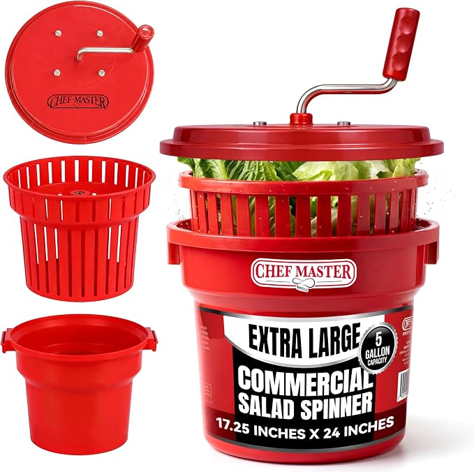 5 Gallon Chef Master Commercial Salad Spinner Dryer – Hand Powered Manual Lettuce Spinner and Fruit Washer Bowl w/ Strainer - Sealed Gearbox, Built In Brake System - Durable Spinner Mechanism - 90005