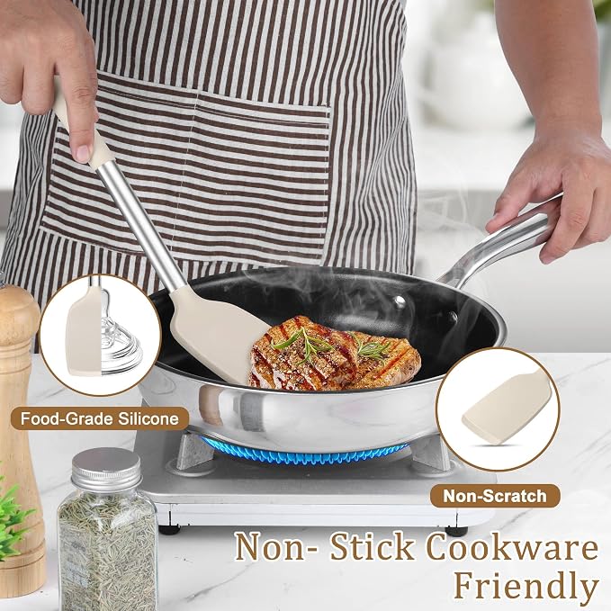 TeamFar Cooking Utensils Set, 5 PCS Silicone Kitchen Utensils, Khaki | Stainless Steel Handle for Nonstick Cookware Turning Flipping Frying Draining, Heatproof & Healthy, Nonstick & Easy Clean