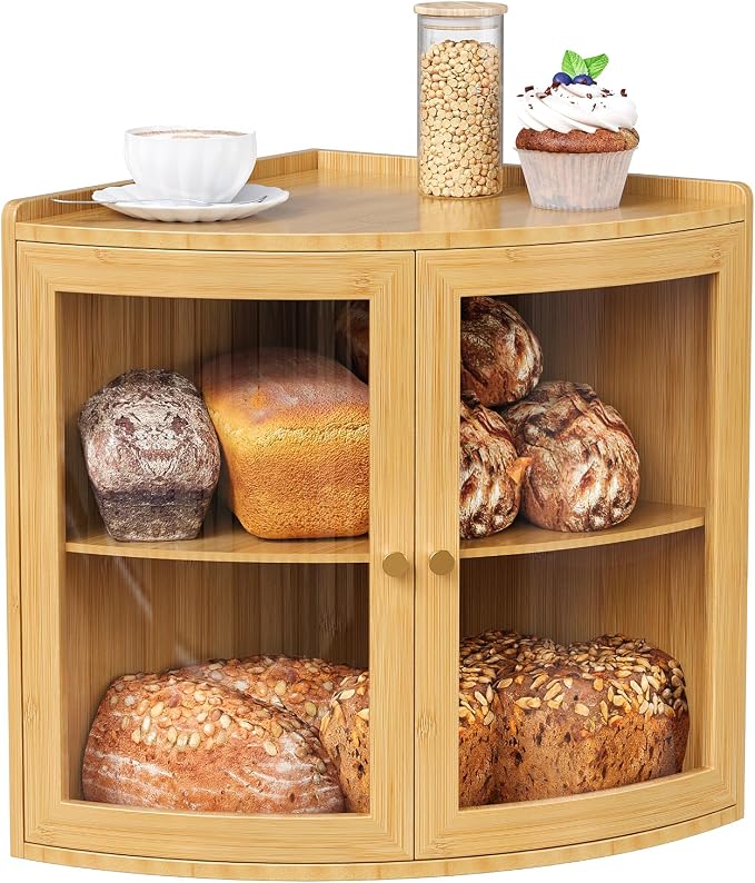 Trironsun Fan Shape Corner Bread Box for Kitchen Counter Double Layer Large Bread Storage Container with Acrylic Doors Farmhouse Wooden Bread Box Organizer for Homemade Bread (Natural Bamboo)