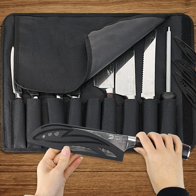 Chef Knife Sets with Roll Bag, 9 Pieces Professional Knife Set | High Carbon Stainless Steel Kitchen Knife Set with Sharpener, Red Pakkawood Handle, Kitchen & Home Cooking, Dishwasher Safe