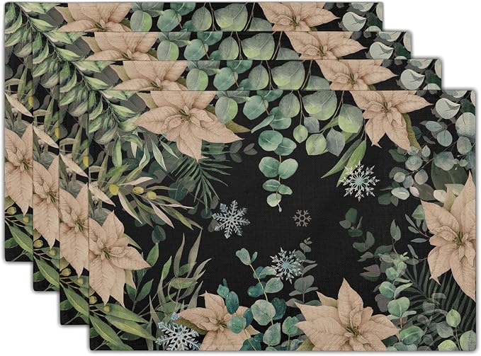 Watercolor Eucalyptus Flower Table Placemats Set of 4，Blue Snowflake Placemat for Dining Table，Washable Table mats for Winter Holiday Birthday Party Decor，12x18 Inch