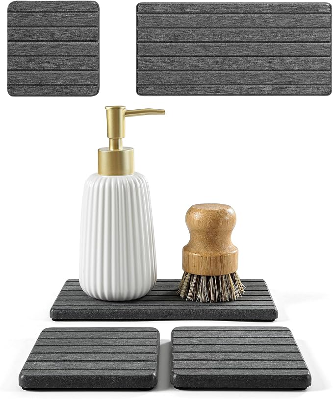 3 Pack Diatomite Stone Sink Tray, Water Absorbing Mat for Kitchen & Bathroom Counter, Quick Dry Soap Dish Makeup Vanity Caddy,Sponge Holder Organizer, Dark Gray 1pc of 8"x 3.8" and 2pcs of 3.8"x 3.8"