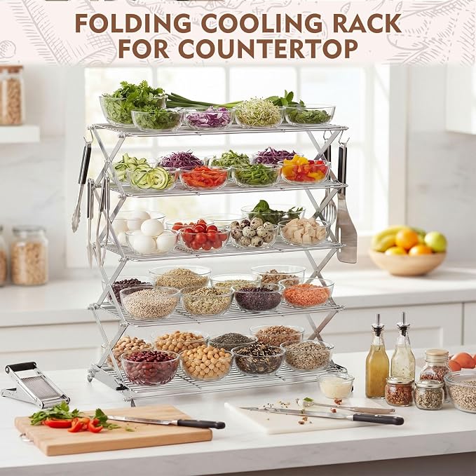 Novabright 5 Tier Collapsible Cooling Rack for Baking, 16'' x 10'' Stainless Steel Stackable Baking Rack for Cookies Bread, Oven Safe Roasting, Space Saving Kitchen Essentials Gifts for Women, Silver