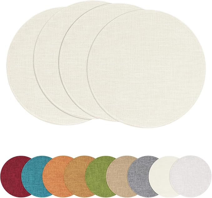 Cotton Linen 15 Inch Round Cloth Place mats, Set of 4, Cream | Washable Table Mats, Heat Resistant, Reversible, Wipeable Place Mats for Indoor Outdoor