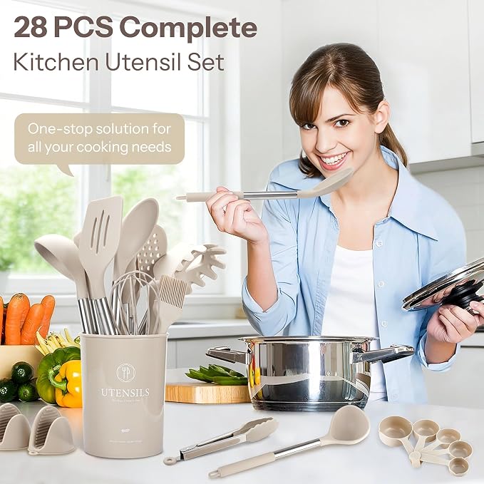 NCUE 28-Piece Silicone Kitchen Utensils Set with Stainless Steel Handles | 446°F Heat Resistant Cooking Utensils Set with Holder, BPA-free Food Grade, Nonstick Cookware Safe, Great for New Home Baking