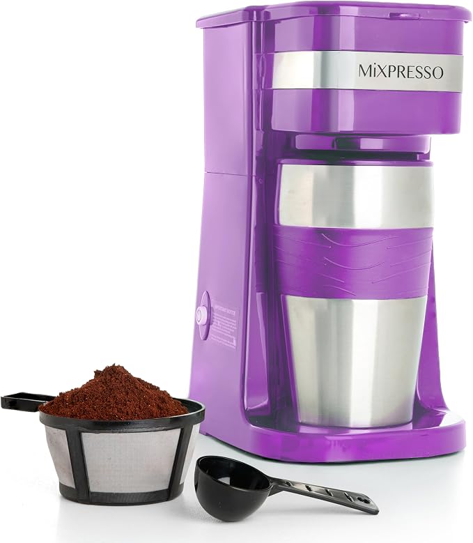 Mixpresso Single Serve & Single Cup Coffee Maker with 14oz Travel Mug | For ground coffee only, reusable filter, auto shut off. Compact personal drip coffee maker, not compatible with K-Cup pods.
