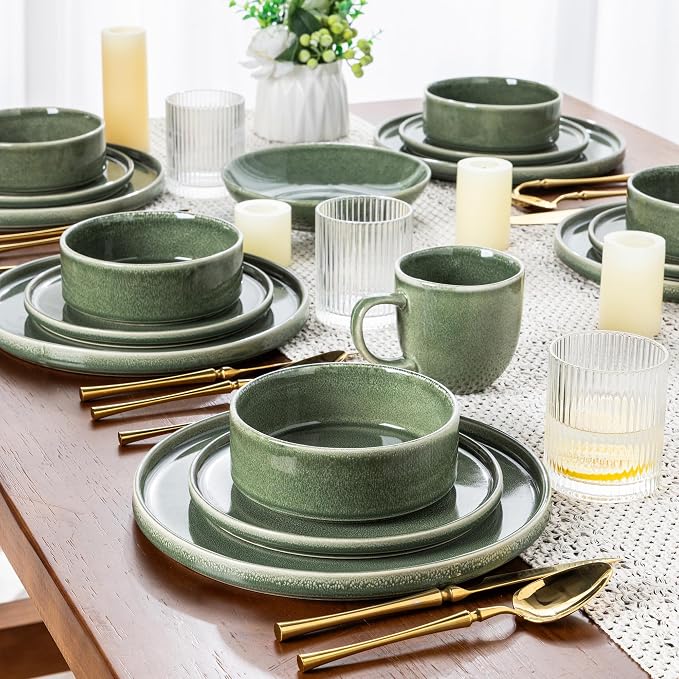 AmorArc Ceramic Dinnerware Sets for 8,24 Piece Plates and Bowls Sets Dishes | Stoneware Handmade Reactive Glaze Dishes Set | Highly Chip and Crack Resistant | Dishwasher & Microwave Safe