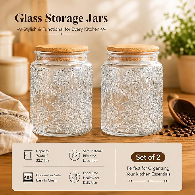 Vintage Glass Jar with Bamboo Lid, 23.7 FL oz - Airtight Decorative Food Storage Canisters for Kitchen Counter, Ideal for Candy, Sugar, Coffee, Cookies (Sunflower*2)