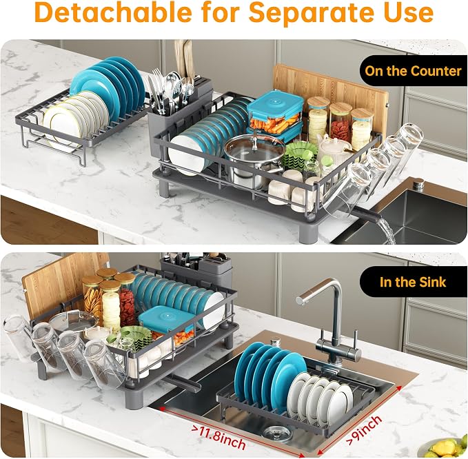 2 Tier Large Detachable Dish Drying Rack for Kitchen Counter, Gray | Compact Dish Drainer Organizer, Rust-Resistant, Space-Saving Dish Rack with Drainboard, Utensil Holder, Kitchen Organizer