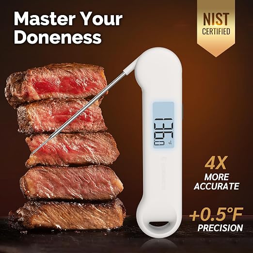 0.5 Sec Instant Read Grill Meat Thermometer Digital Food Cooking BBQ, White | ±0.5°F Precision, Auto Flip Digital LCD Display, Ideal For Meat, Candy, Grill, BBQ, Food Thermometer for Kitchen Gadgets