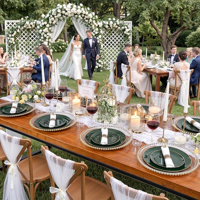 KIRE 350PCS Green and Gold Plates - Plastic Dinnerware Set for Christmas | 50Guests Include 100PC Green Plastic Disposable - 50PCSPre Rolled Napkins with Silverware &50PCS Cups for Wedding/Holiday