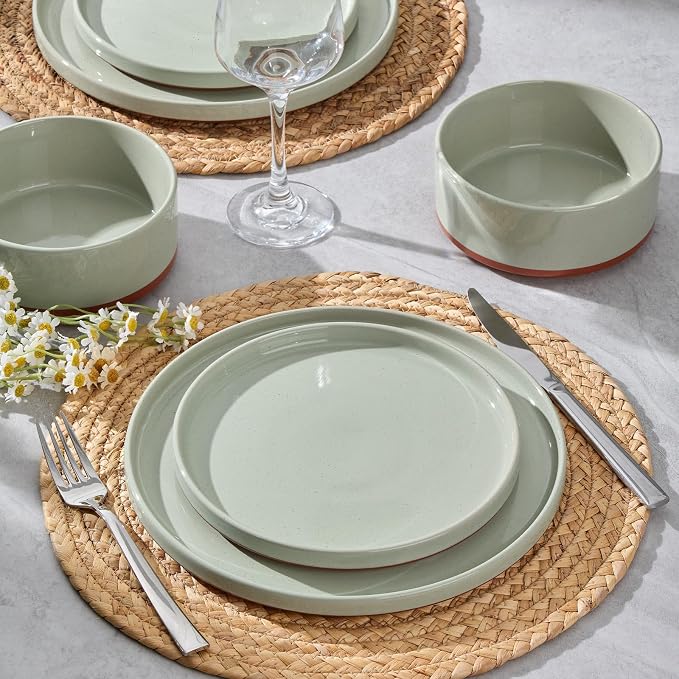LIANYU Stoneware Dinnerware Sets Service for 8, 24 PCS Plates and Bowls Set | Handmade Ceramic Dish Set, Highly Chip and Crack Resistant Modern Plate Set, Laurel Green