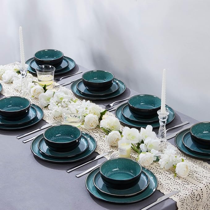 LIANYU 24 Piece Dinnerware Sets for 8, Ceramic Dishes Set, Pastel Turquoise | Modern Stoneware Plates and Bowls, Round Dinner Dinning Ware Set for Family Dinner, Dishwasher & Microwave Safe