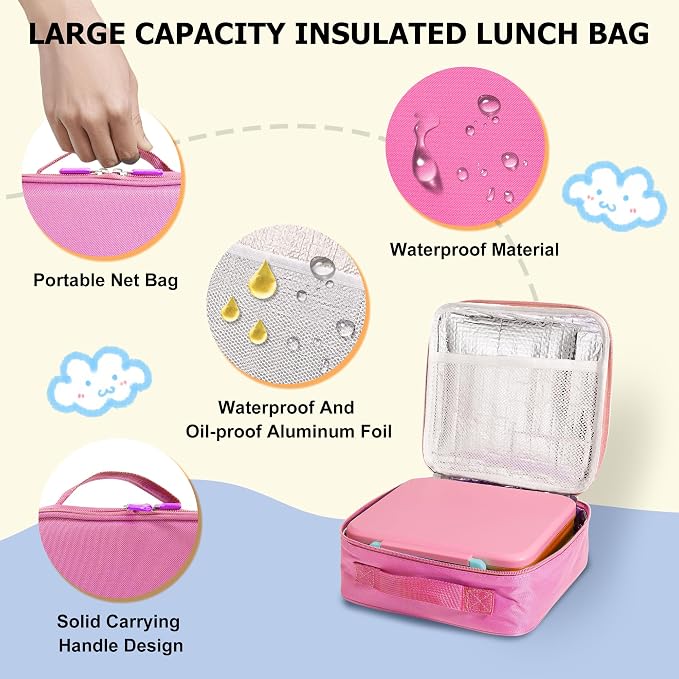 Bento Lunch Box for Kids with Thermo, Leakproof Bento Box with 8oz Insulated Food Jar, Lunch Bag, BPA Free Dishwasher Safe 4 Compartment Container for School Girls Boys (Pink)