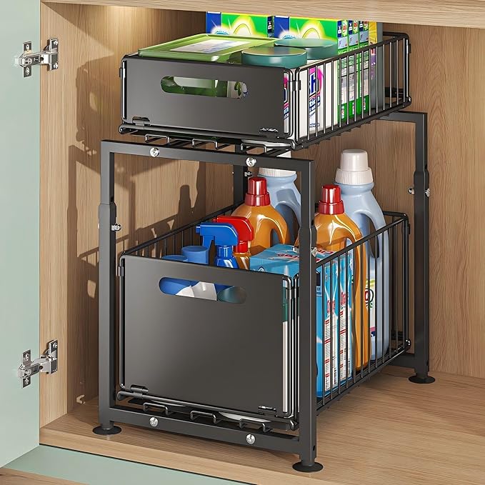 Under Sink Organizer, 2-Tier Multi-Use Kitchen and Bathroom Organizers and Storage, Slide Out Thickened Metal Under The Sink Organizer for Kitchen Bathroom Pantry (Style A Black, 2 Pack)