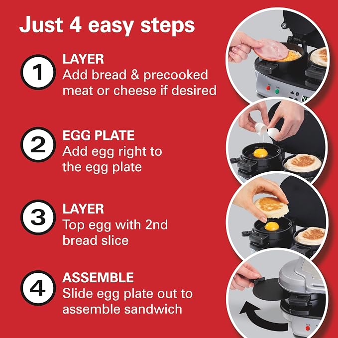 Hamilton Beach Dual Breakfast Sandwich Maker with Egg Cooker Rings & Timer | Perfect for English Muffins, Croissants, Mini Waffles | Customizable & Fast |PFAS-Free | Silver | 25490MNA