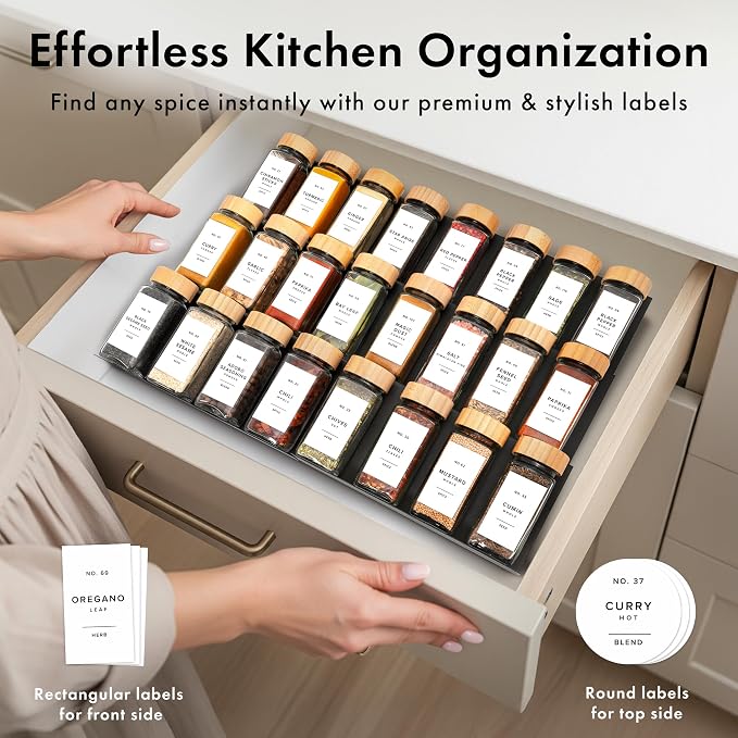 Glass Spice Jars with Label, 24x Bamboo Wooden Lids - White Labels | Airtight Lids keep spices fresh, Kitchen Spice Drawer Organizer, 4oz Seasoning Containers incl. Funnel, Brush & 240 Labels
