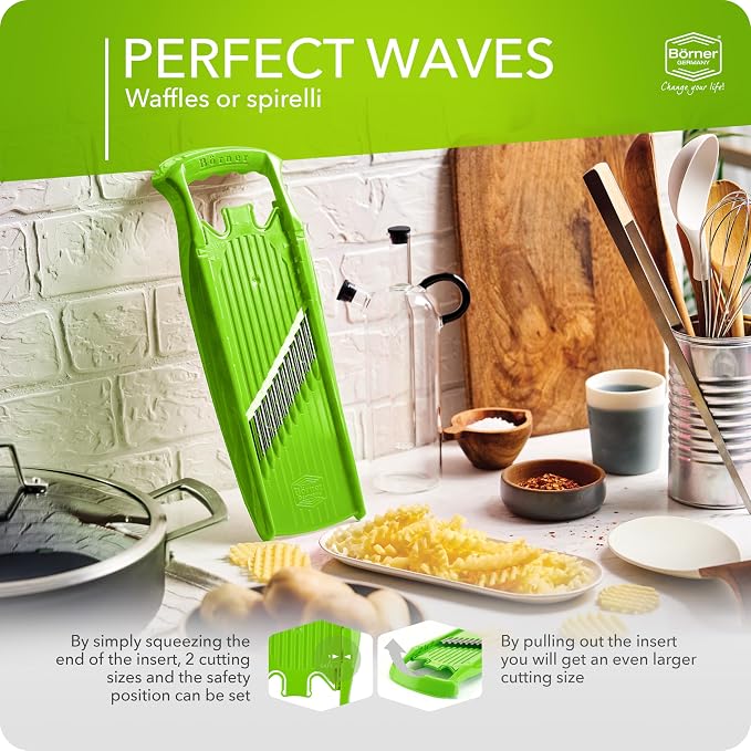 Börner Wave-Waffle PowerLine Crinkle Cut Vegetable Slicer (Green) • Slicer for Wave & Waffle Cut • Wavy Vegetable Cutter • Slicer for Lattice Potatoes & Chips • Wavy Potato Slicer