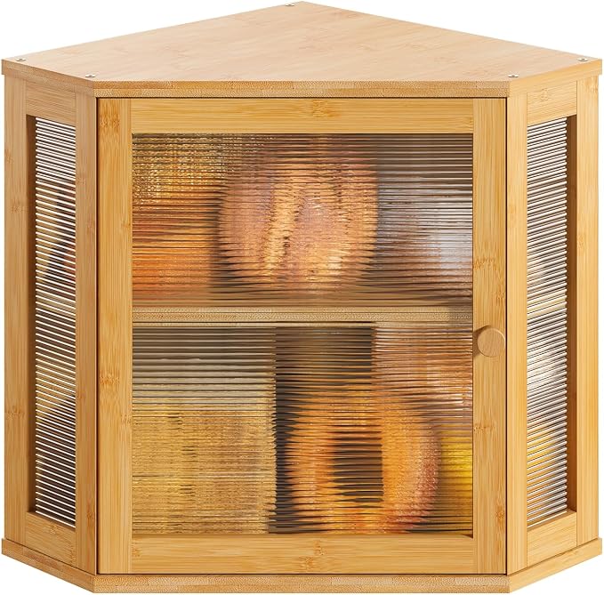 Corner Bread Box, Bamboo Bread Box for Kitchen Countertop, 2 Tier Wooden Bread Storage (Natural, Medium)